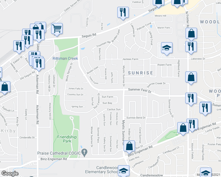 map of restaurants, bars, coffee shops, grocery stores, and more near 5839 Summer Fest Drive in San Antonio