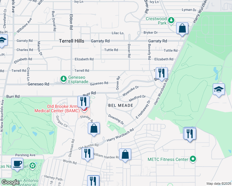 map of restaurants, bars, coffee shops, grocery stores, and more near 795 Burr Rd in San Antonio