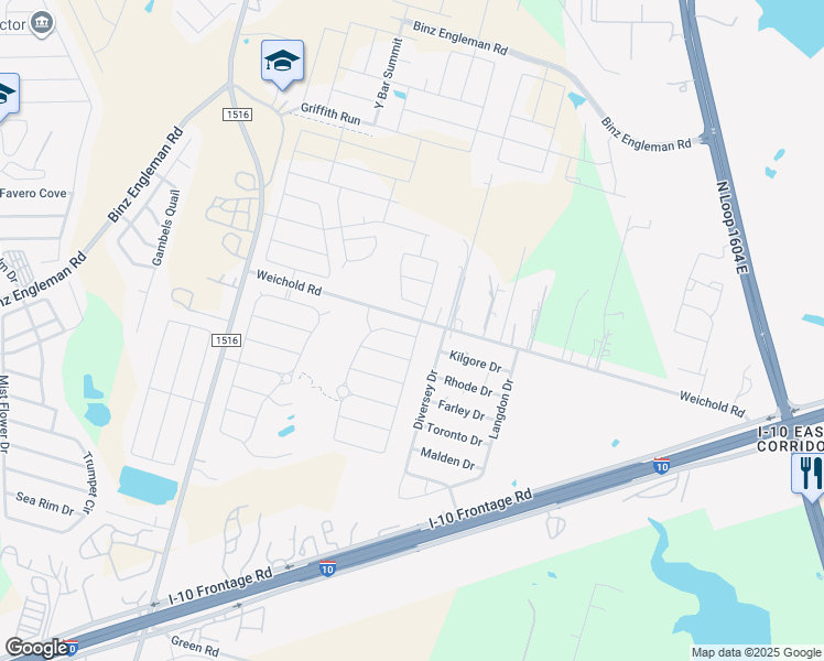 map of restaurants, bars, coffee shops, grocery stores, and more near 9143 Vondel Park in Converse