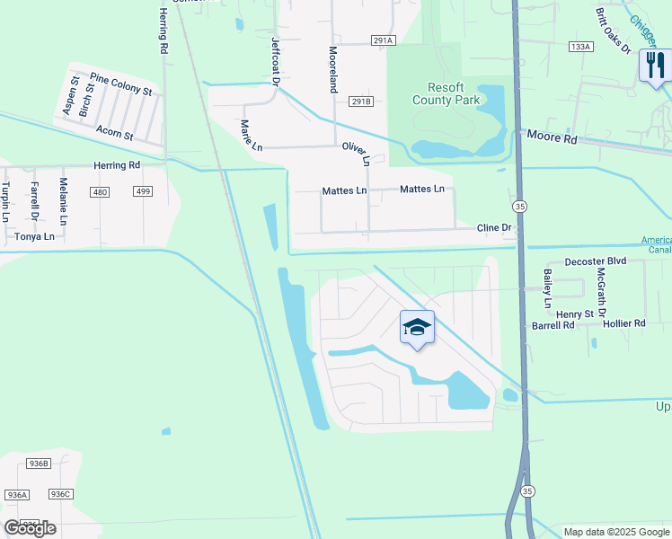 map of restaurants, bars, coffee shops, grocery stores, and more near 655 County Road 296 in Alvin
