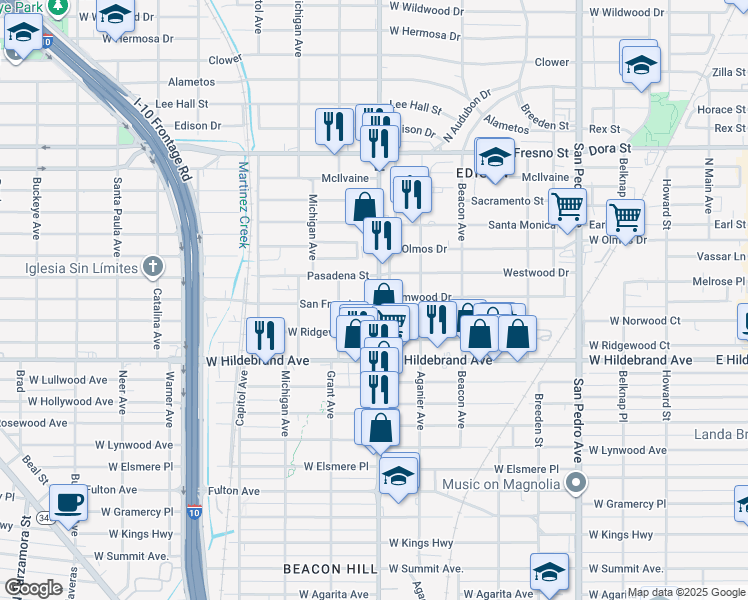 map of restaurants, bars, coffee shops, grocery stores, and more near 2411 Blanco Road in San Antonio