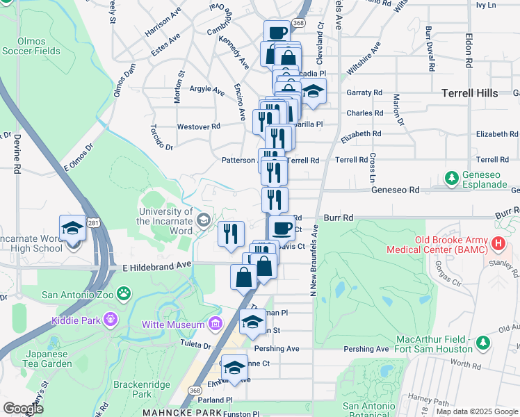map of restaurants, bars, coffee shops, grocery stores, and more near 4707 Broadway in San Antonio