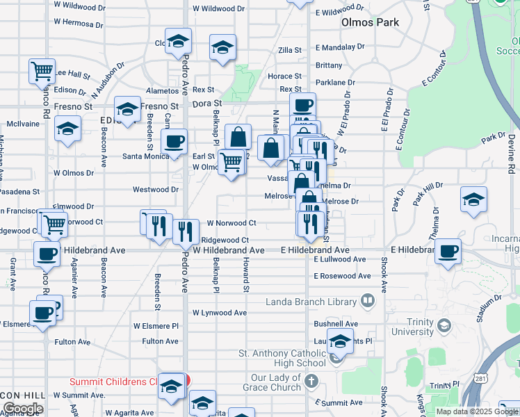 map of restaurants, bars, coffee shops, grocery stores, and more near 214 Melrose Place in San Antonio