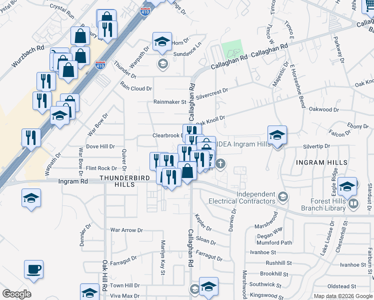 map of restaurants, bars, coffee shops, grocery stores, and more near 4411 Callaghan Road in San Antonio