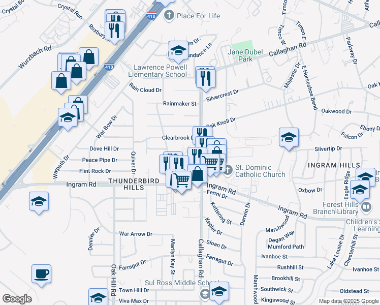 map of restaurants, bars, coffee shops, grocery stores, and more near 4411 Callaghan Road in San Antonio