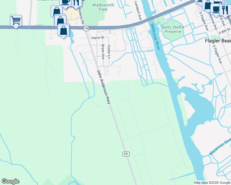 map of restaurants, bars, coffee shops, grocery stores, and more near 711 John Anderson Highway in Flagler Beach