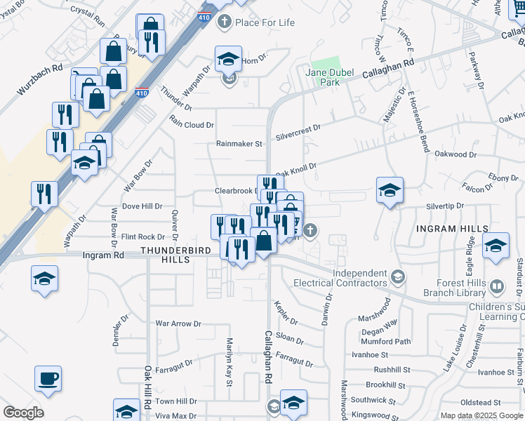 map of restaurants, bars, coffee shops, grocery stores, and more near 4411 Callaghan Road in San Antonio