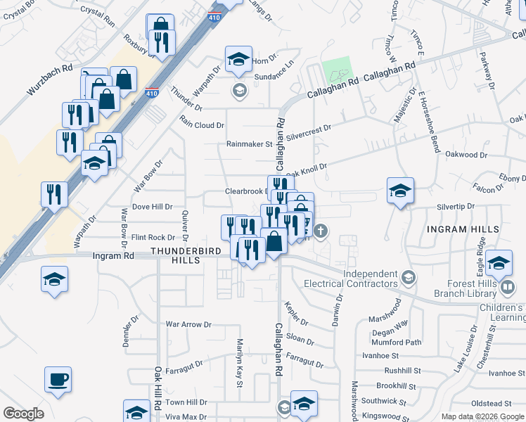 map of restaurants, bars, coffee shops, grocery stores, and more near 4411 Callaghan Road in San Antonio