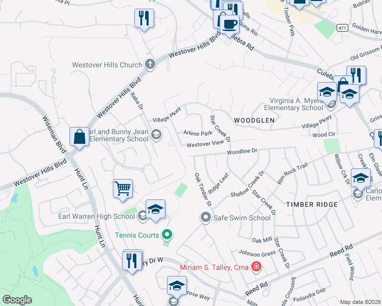 map of restaurants, bars, coffee shops, grocery stores, and more near 2636 Westover View in San Antonio