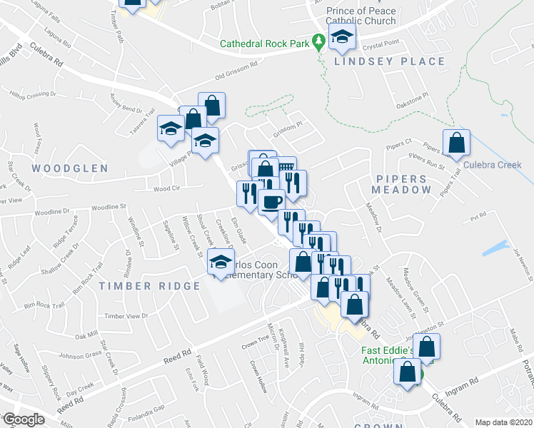 map of restaurants, bars, coffee shops, grocery stores, and more near 8349 Culebra Road in San Antonio
