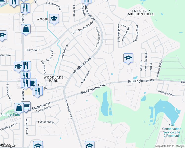 map of restaurants, bars, coffee shops, grocery stores, and more near 7107 Caddo Lake Drive in San Antonio