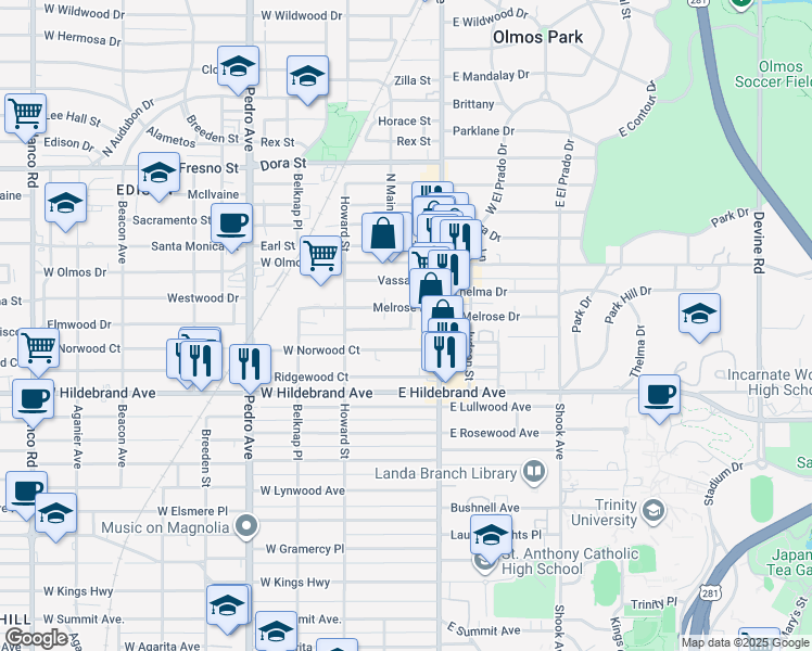 map of restaurants, bars, coffee shops, grocery stores, and more near 130 Melrose Place in San Antonio