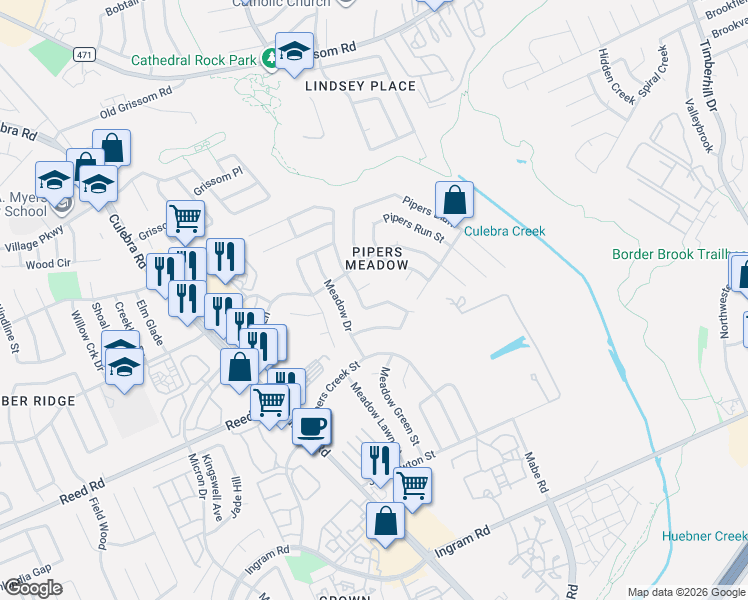 map of restaurants, bars, coffee shops, grocery stores, and more near 3802 Pipers Stone Street in San Antonio