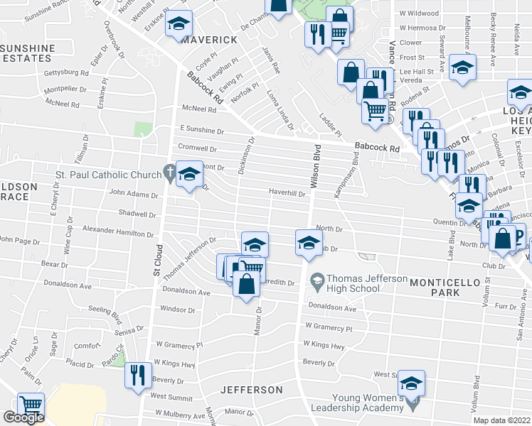 map of restaurants, bars, coffee shops, grocery stores, and more near 202 Sutton Drive in San Antonio