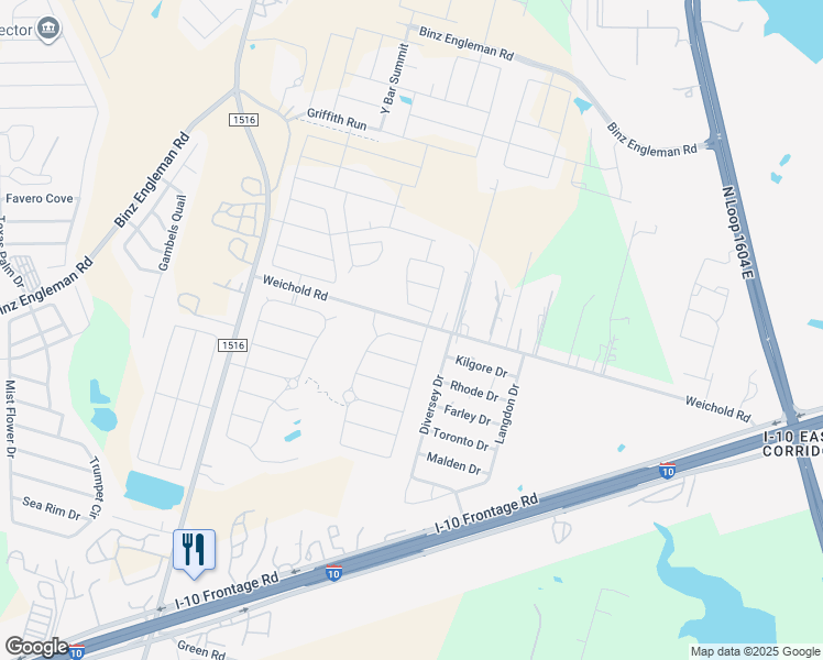 map of restaurants, bars, coffee shops, grocery stores, and more near 9143 Vondel Park in Converse
