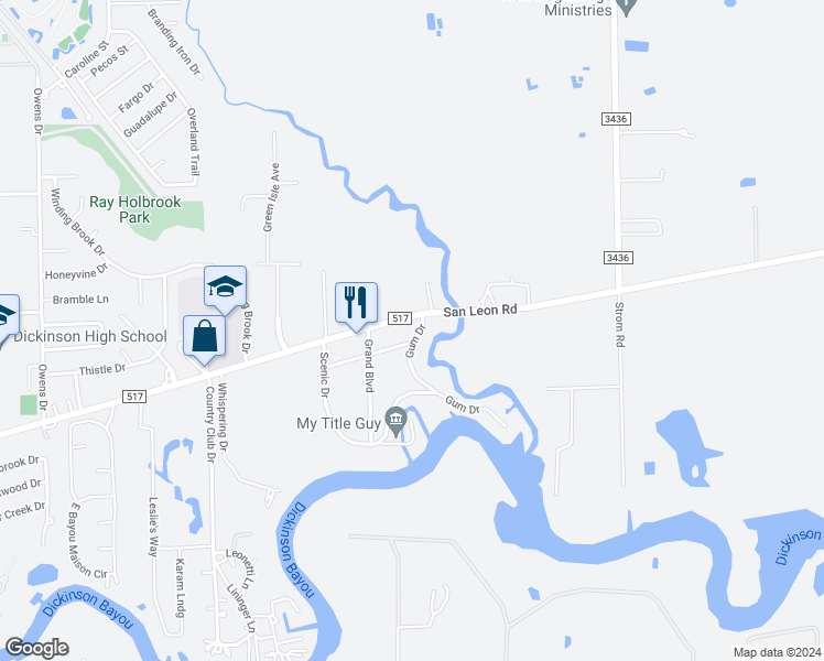map of restaurants, bars, coffee shops, grocery stores, and more near 4112 Gum Drive in Dickinson