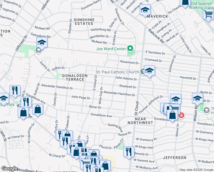 map of restaurants, bars, coffee shops, grocery stores, and more near 707 Shadwell Drive in San Antonio