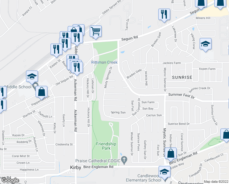 map of restaurants, bars, coffee shops, grocery stores, and more near 5722 3 Springs Drive in San Antonio
