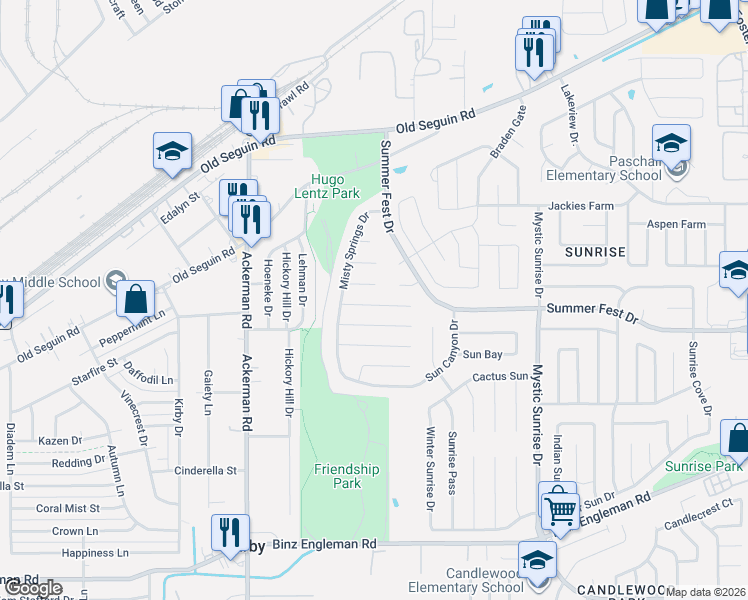 map of restaurants, bars, coffee shops, grocery stores, and more near 5722 3 Springs Drive in San Antonio
