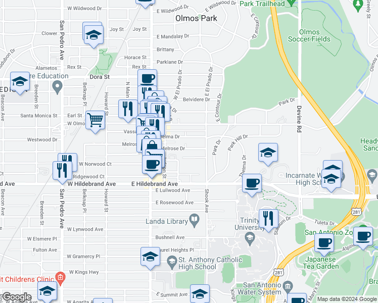 map of restaurants, bars, coffee shops, grocery stores, and more near 310 East Melrose Drive in San Antonio