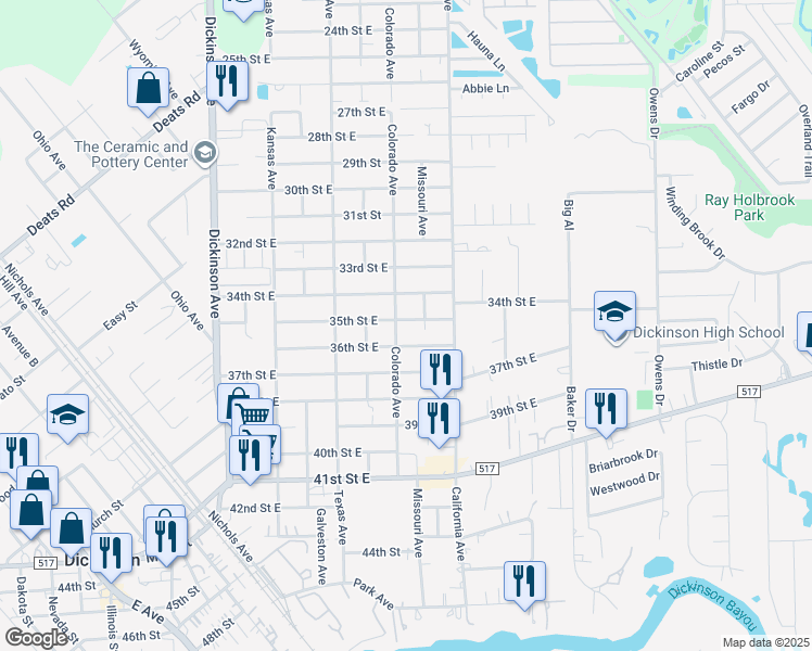 map of restaurants, bars, coffee shops, grocery stores, and more near 4808 35th Street East in Dickinson