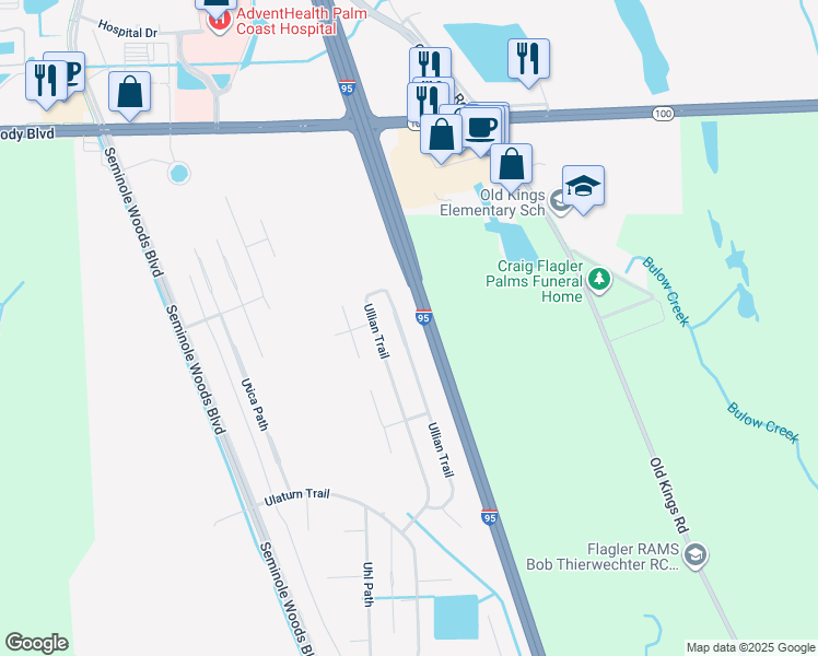 map of restaurants, bars, coffee shops, grocery stores, and more near 158 Ullian Trail in Palm Coast