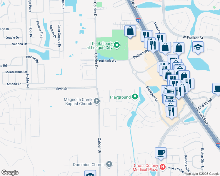 map of restaurants, bars, coffee shops, grocery stores, and more near 3002 Barrington Springs Lane in Dickinson