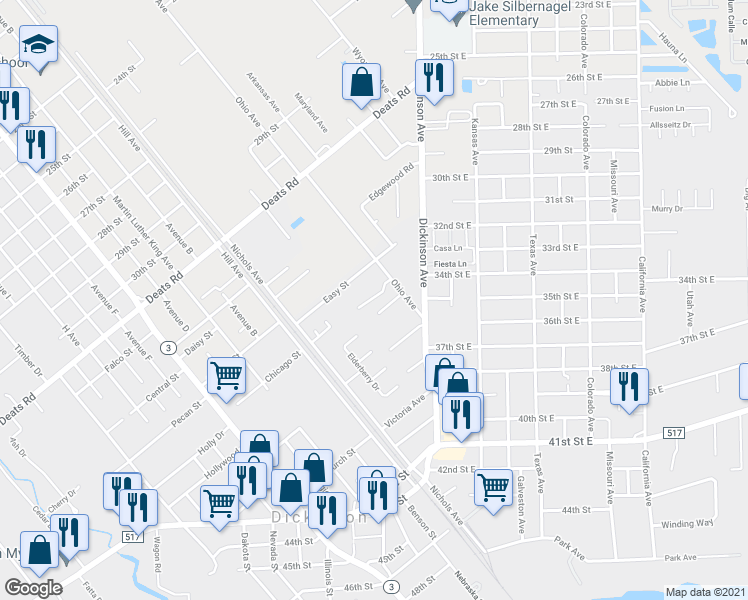 map of restaurants, bars, coffee shops, grocery stores, and more near 3402 Ohio Avenue in Dickinson