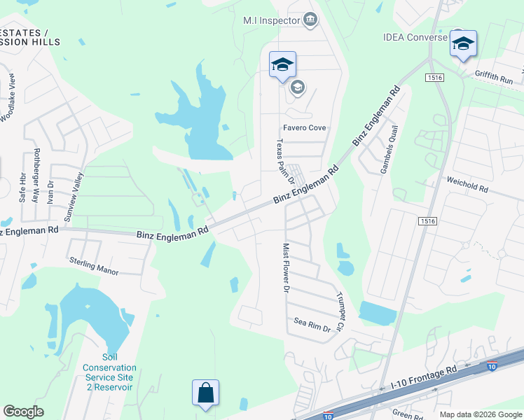 map of restaurants, bars, coffee shops, grocery stores, and more near 8303 Noble Crest in Converse