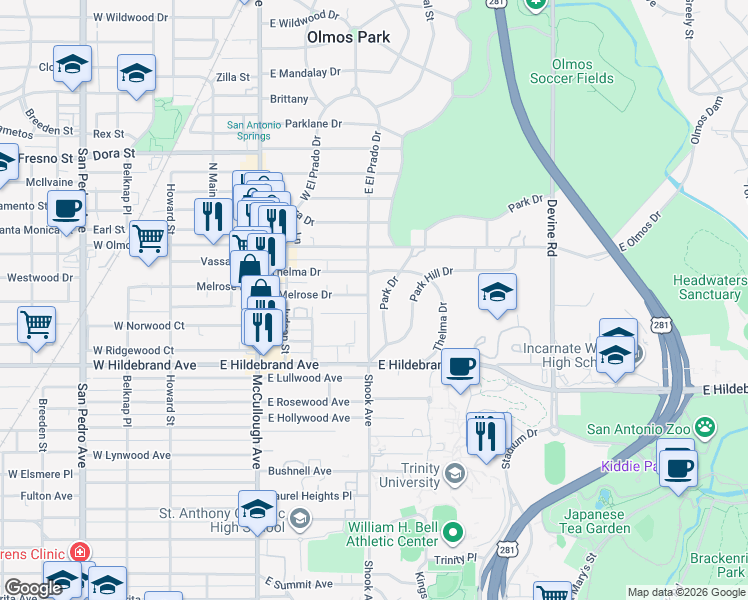 map of restaurants, bars, coffee shops, grocery stores, and more near 1042 Shook Avenue in San Antonio