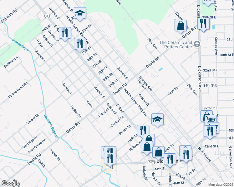 map of restaurants, bars, coffee shops, grocery stores, and more near 3102 Avenue D in Dickinson