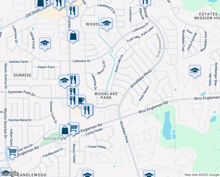 map of restaurants, bars, coffee shops, grocery stores, and more near 6611 Quail Lake Drive in San Antonio