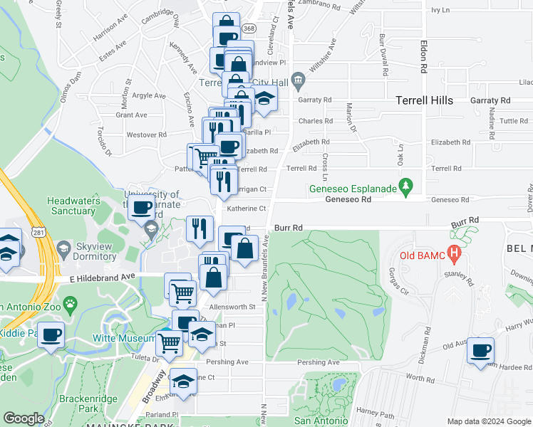 map of restaurants, bars, coffee shops, grocery stores, and more near 172 Katherine Court in San Antonio