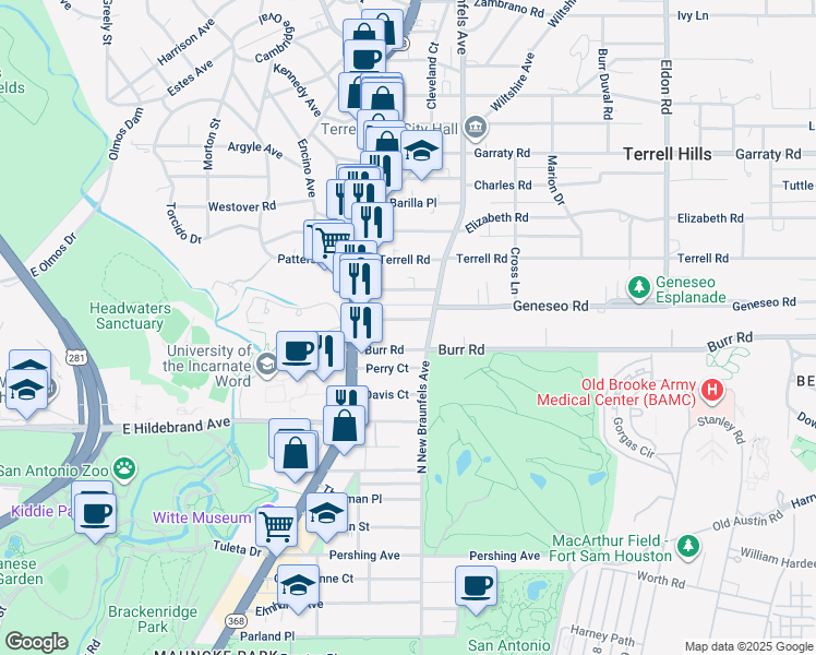 map of restaurants, bars, coffee shops, grocery stores, and more near 154 Katherine Court in San Antonio