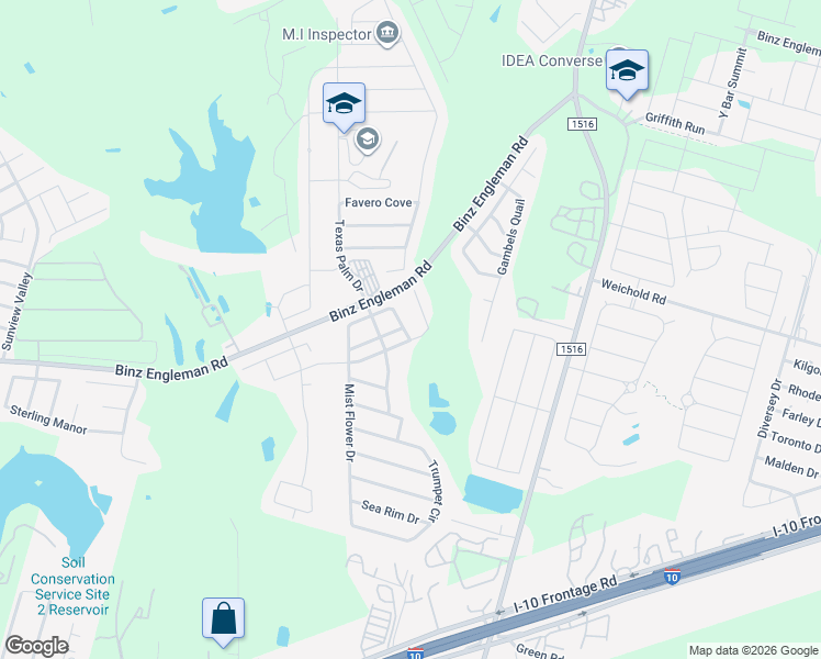 map of restaurants, bars, coffee shops, grocery stores, and more near 4310 Bitterwood Dr in Converse