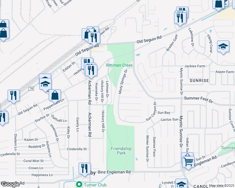 map of restaurants, bars, coffee shops, grocery stores, and more near 4335 Misty Springs Drive in San Antonio