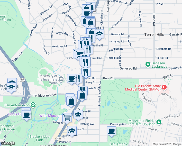 map of restaurants, bars, coffee shops, grocery stores, and more near 116 Katherine Court in Alamo Heights