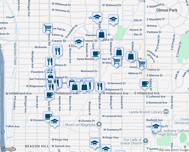 map of restaurants, bars, coffee shops, grocery stores, and more near 429 Elmwood Drive in San Antonio