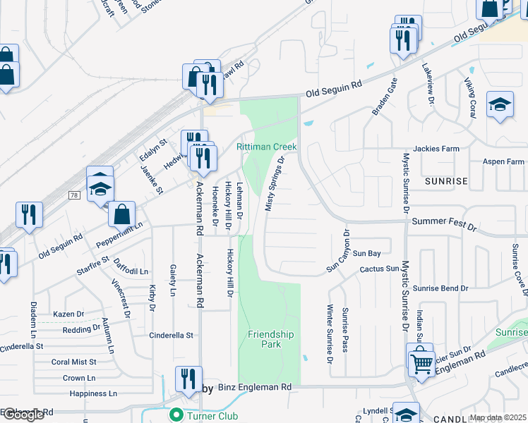 map of restaurants, bars, coffee shops, grocery stores, and more near 4335 Misty Springs Drive in San Antonio