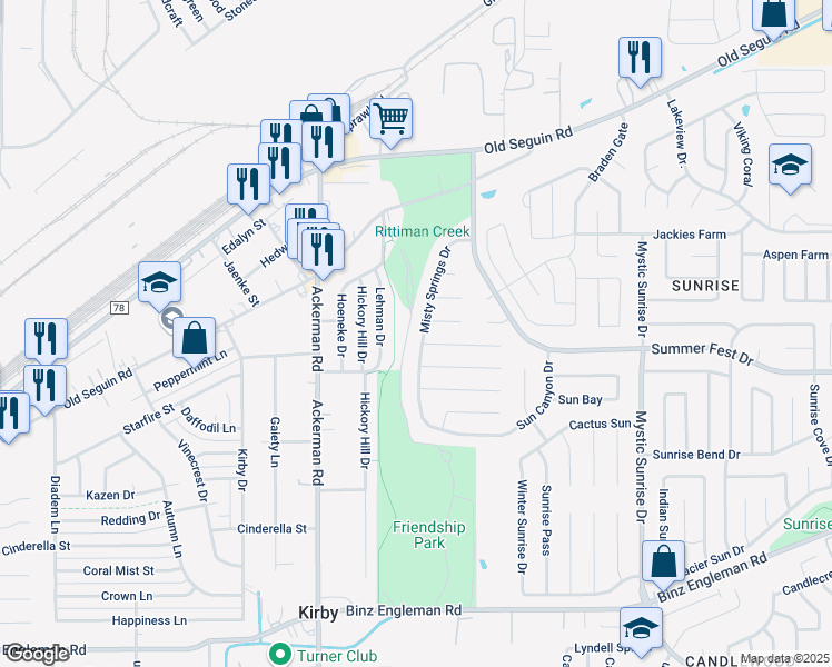 map of restaurants, bars, coffee shops, grocery stores, and more near 4335 Misty Springs Drive in San Antonio
