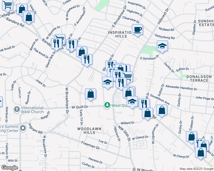 map of restaurants, bars, coffee shops, grocery stores, and more near 1499 West Sunshine Drive in San Antonio
