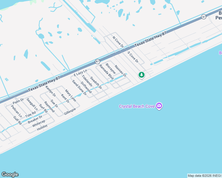 map of restaurants, bars, coffee shops, grocery stores, and more near 929 Bahama Drive in Bolivar Peninsula