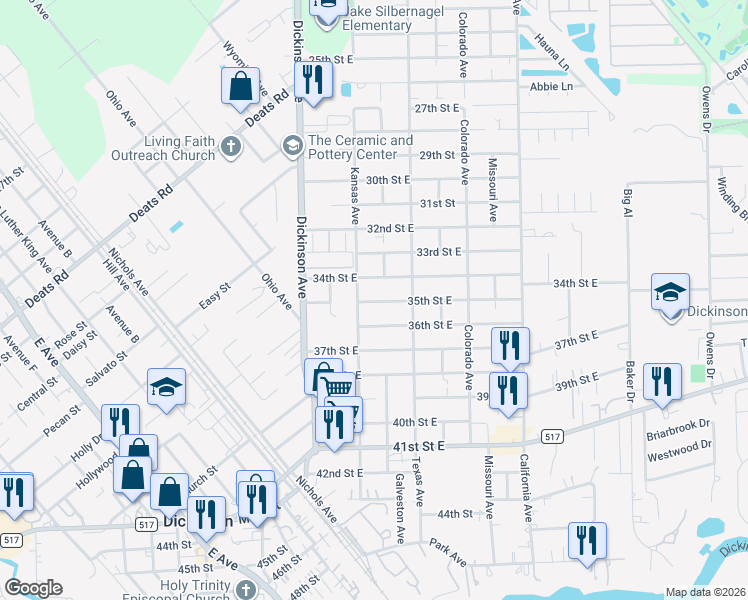 map of restaurants, bars, coffee shops, grocery stores, and more near 4407 35th Street East in Dickinson