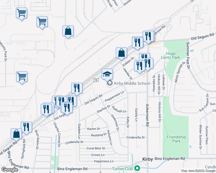 map of restaurants, bars, coffee shops, grocery stores, and more near 5441 Seguin Road in Kirby