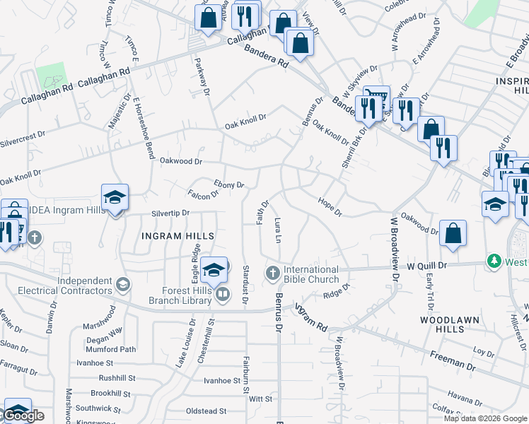 map of restaurants, bars, coffee shops, grocery stores, and more near 216 Faith Drive in San Antonio