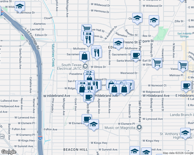 map of restaurants, bars, coffee shops, grocery stores, and more near 805 Elmwood Drive in San Antonio