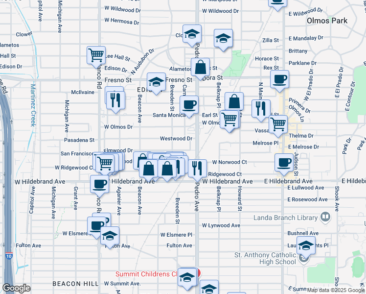 map of restaurants, bars, coffee shops, grocery stores, and more near 429 Elmwood Drive in San Antonio