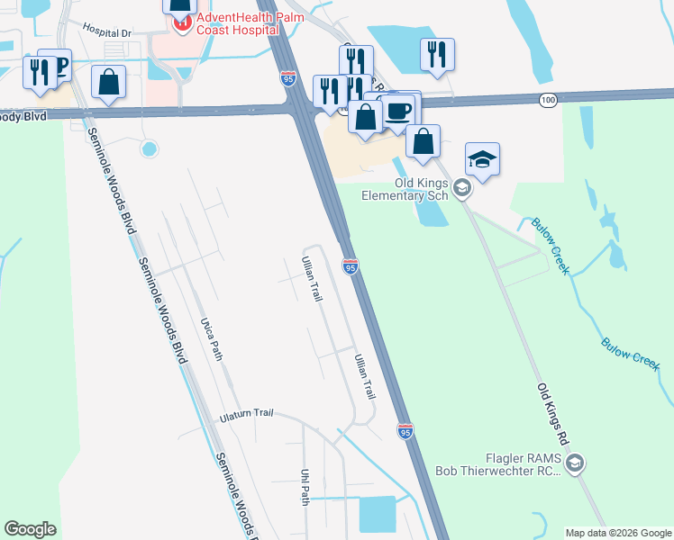 map of restaurants, bars, coffee shops, grocery stores, and more near 158 Ullian Trail in Palm Coast