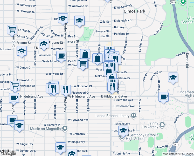 map of restaurants, bars, coffee shops, grocery stores, and more near 214 Melrose Place in San Antonio