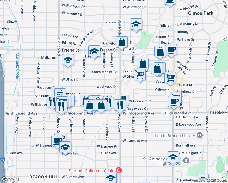 map of restaurants, bars, coffee shops, grocery stores, and more near 429 Elmwood Drive in San Antonio